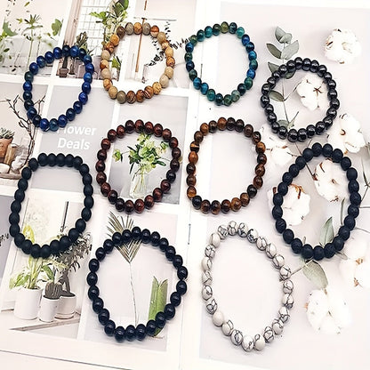 Natural Stone Beaded Bracelet Set 10pcs 8mm Round Elastic for Men Women - Boho Stackable Stretch Bracelets Unisex Healing Crystal Gemstone Wrist Jewelry for Festival, Birthday & Holiday Gift