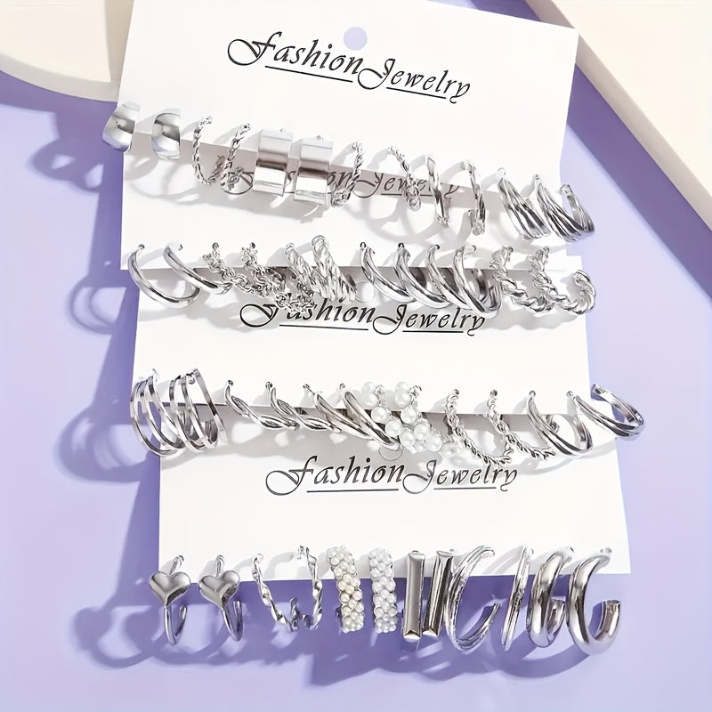 24 Pairs Fashion Alloy Earrings Set for Women – Zinc Alloy with Stainless Steel Studs Hypoallergenic Everyday Party Holiday Jewelry Gift Year-Round Styling