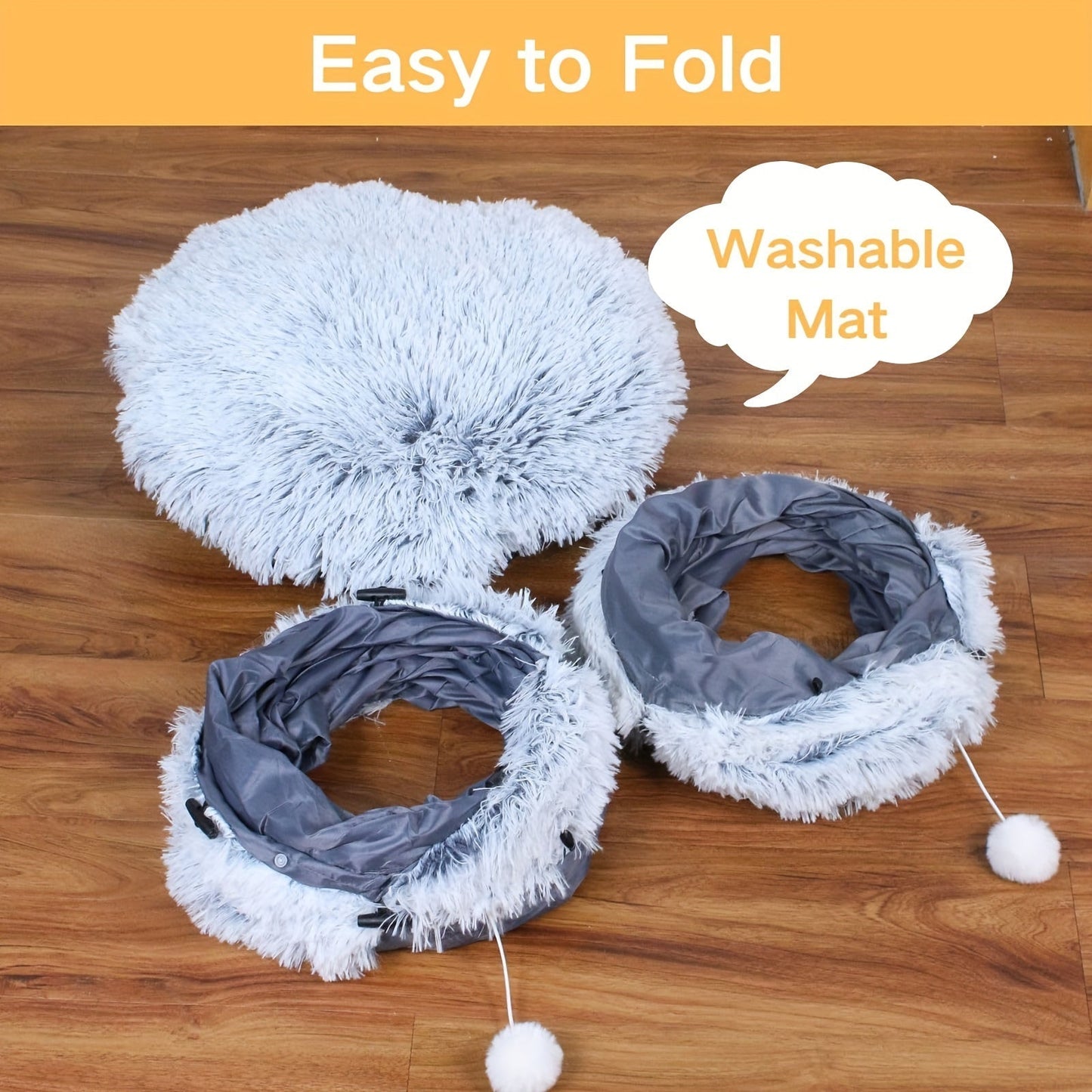 Cat Tunnel with Bed & Donut Peep Hole – Soft Plush Indoor Cat Toy, Multi-functional Hideout & Amusement Park for Cats, Kittens & Rabbits, Includes Pet Scarf, Small Medium Large
