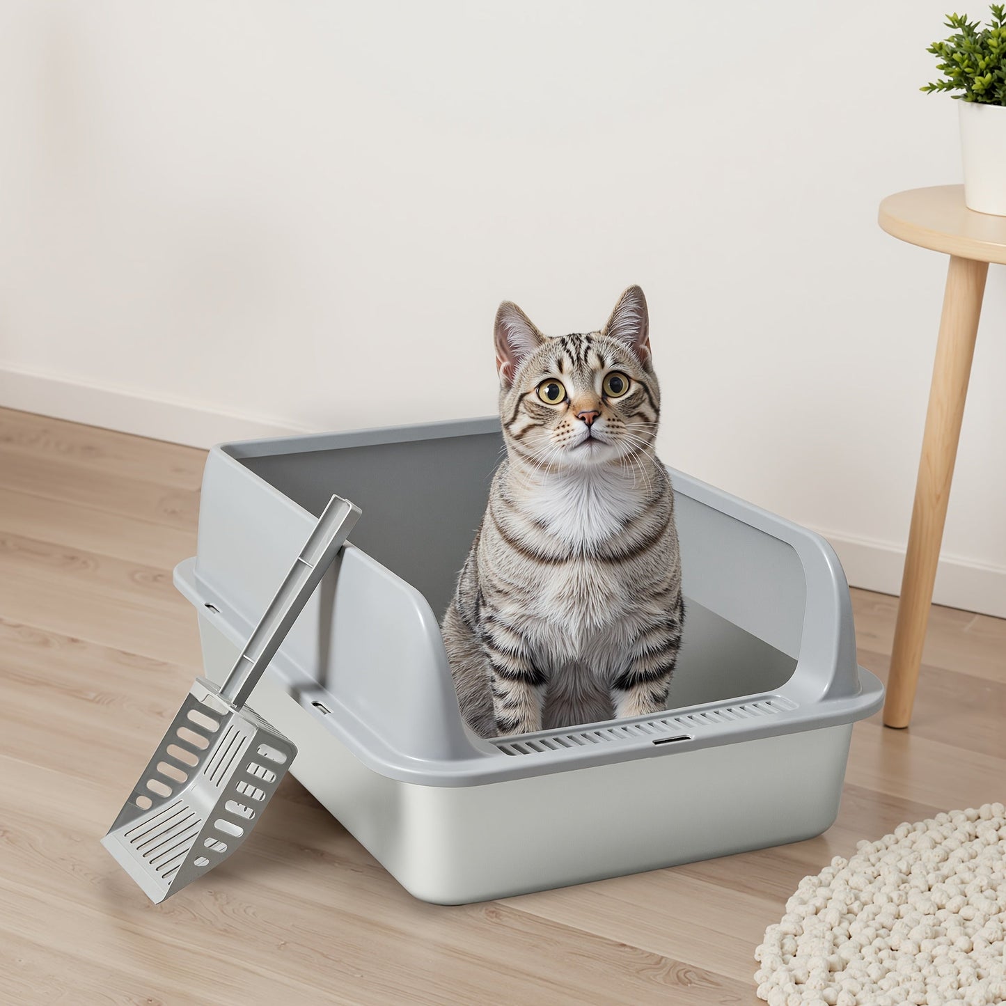 Stainless Steel Cat Litter Box High Sides Anti-Leakage Metal Litter Pan with Scoop Sifting Tray Rust-Proof Odor-Resistant Non-Stick Easy Clean Indoor Cat Toilet Medium Large Cats