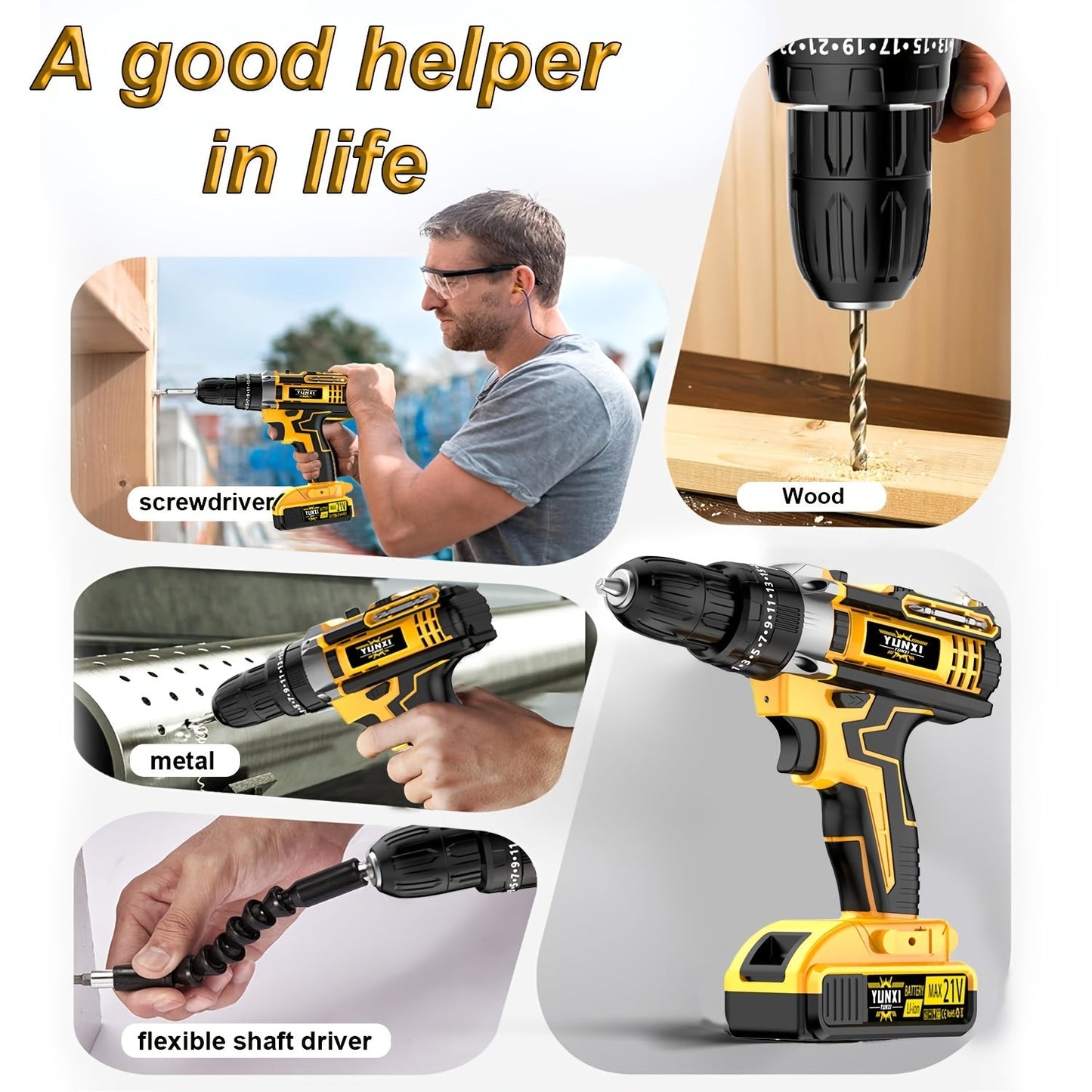 21V Cordless Impact Drill Set 2.0Ah Battery & Fast Charger with Work Light Speed & Torque Adjustment Electric Screwdriver Combo – Optional Storage Box for Car & Home Repair DIY Men's Gift
