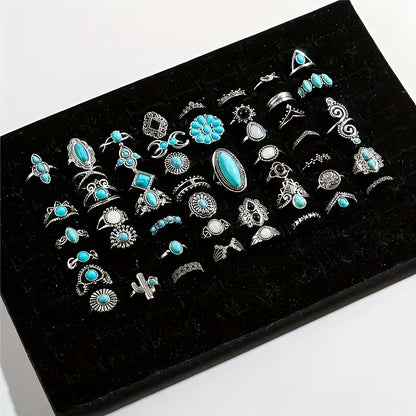 44pcs Vintage Turquoise Boho Stacking Rings Set for Women – Stackable Bohemian Style Rings Bulk Pack for Daily Wear, Vacation, Party & Holiday Gifts