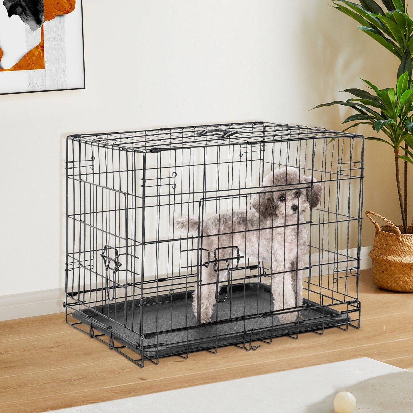 Folding Wire Dog Crate with Divider & Leak-Proof Tray – Double Door Collapsible Metal Kennel for Small, Medium & Large Dogs, Indoor, Outdoor & Travel Use