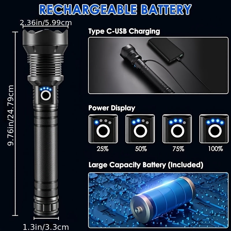 4000 Lumen Rechargeable Tactical Flashlight – High Lumens LED Handheld Torch, USB-C, 500M Range, 4 Modes, Aluminum Alloy, Waterproof for Camping Fishing Hiking Night Patrol Emergency