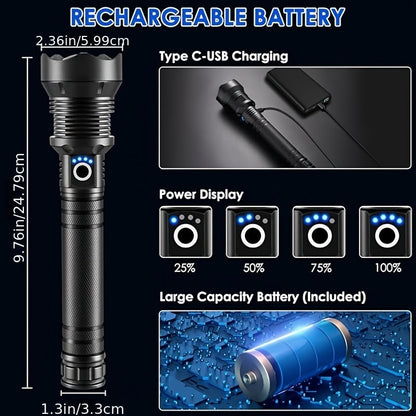 4000 Lumen Rechargeable Tactical Flashlight – High Lumens LED Handheld Torch, USB-C, 500M Range, 4 Modes, Aluminum Alloy, Waterproof for Camping Fishing Hiking Night Patrol Emergency