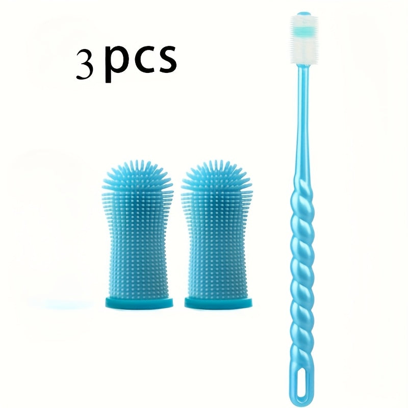 3-Piece Pet Dental Care Silicone Toothbrush Set 360° Finger Brush & Micro-Ciliated Brush for Dogs & Cats Soft Gentle No Battery Required