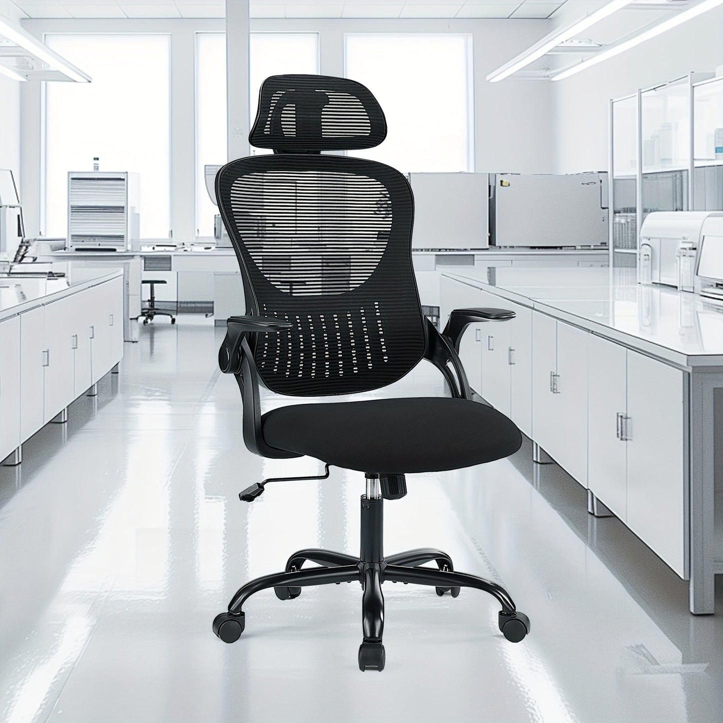 Ergonomic High Back Mesh Office Chair with Adjustable Headrest, Lumbar Support & Flip-Up Armrests – Stainless Steel Frame, Padded Seat, 5-Wheel Rolling Base – Home Office, Lab & Desk Chair (Black/Gray)