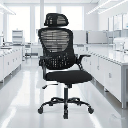 Ergonomic High Back Mesh Office Chair with Adjustable Headrest, Lumbar Support & Flip-Up Armrests – Stainless Steel Frame, Padded Seat, 5-Wheel Rolling Base – Home Office, Lab & Desk Chair (Black/Gray)