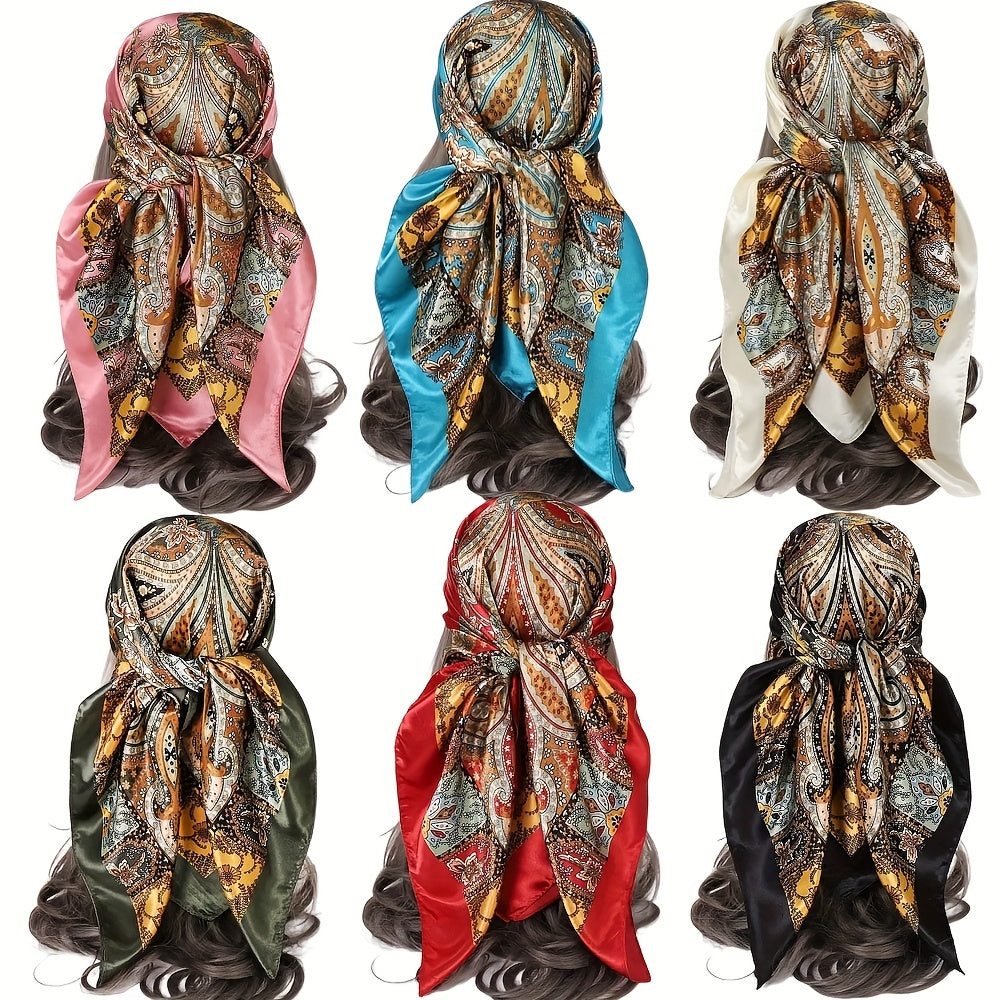 6pcs Vintage Satin Square Scarves for Women – Elegant Polyester Paisley & Floral Headwrap Bandana Set in 6 Designs & Assorted Colors, Perfect for Formal Casual Events Hair Accessories Gift