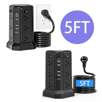 Power Strip Tower 16 AC Outlets 5 USB Ports USB-C PD20W 1500J Surge Protector Flat Plug Desktop Extension Cord