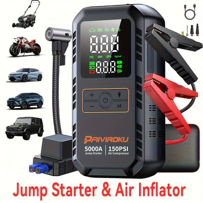 7-in-1 Portable Jump Starter with Air Compressor 150PSI – 5000A Peak Car Battery Booster, Tire Inflator, QC3.0 Power Bank, LED SOS Light for Gas & Diesel Vehicles