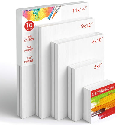 Stretched Canvas Multi-Pack Primed White 100% Cotton – Round Rectangular and Square Sets in 10 15 and 20 Pieces – Artist Canvas Boards for Acrylic Oil Painting Pouring and Mixed Media