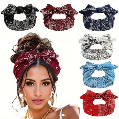 6-Pack Bohemian Paisley Bow Elastic Headbands for Women – Loose Elastic Headscarves in 6 Colors (Sky Blue, Black, Navy, Wine Red, White, Red), All Seasons Outdoor & Daily Wear