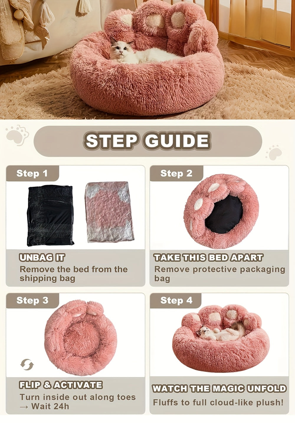 Bear Paw Plush Round Pet Bed for Dogs & Cats – Soft Calming Dog Bed, Non-Slip Cat Bed, Warm Cozy Puppy Bed, Small Medium Large, 20/24/28/36 Inch, Coffee/Pink/Gray