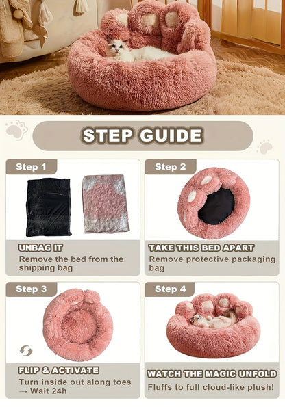 Bear Paw Plush Round Pet Bed for Dogs & Cats – Soft Calming Dog Bed, Non-Slip Cat Bed, Warm Cozy Puppy Bed, Small Medium Large, 20/24/28/36 Inch, Coffee/Pink/Gray