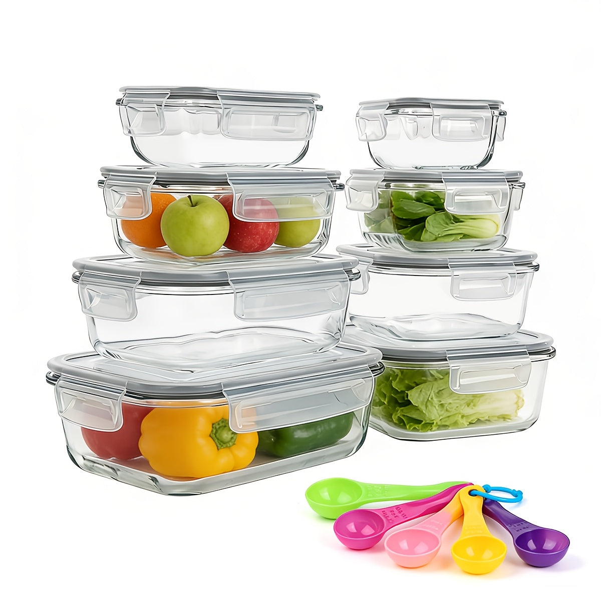 Glass Food Storage Containers with Lids 16-Piece Set (8 Containers + 8 Lids), Airtight Meal Prep Containers Microwave Oven Freezer Safe, Lunch Boxes for Salads Fruits Vegetables Sandwiches Leftovers