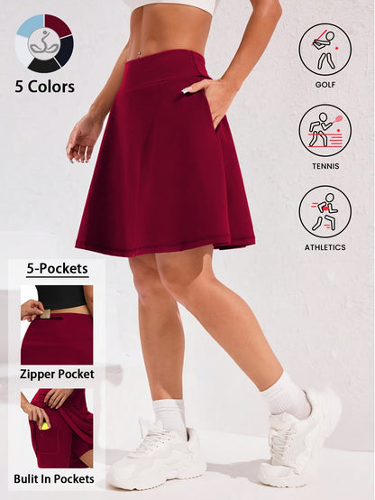 Women's 20-Inch Knee Length Skorts with 5 Pockets – High Waist Athletic Skirt with Built-In Shorts for Tennis, Golf & Pickleball, Long Activewear Skort, Sizes S-XXL, Multiple Colors