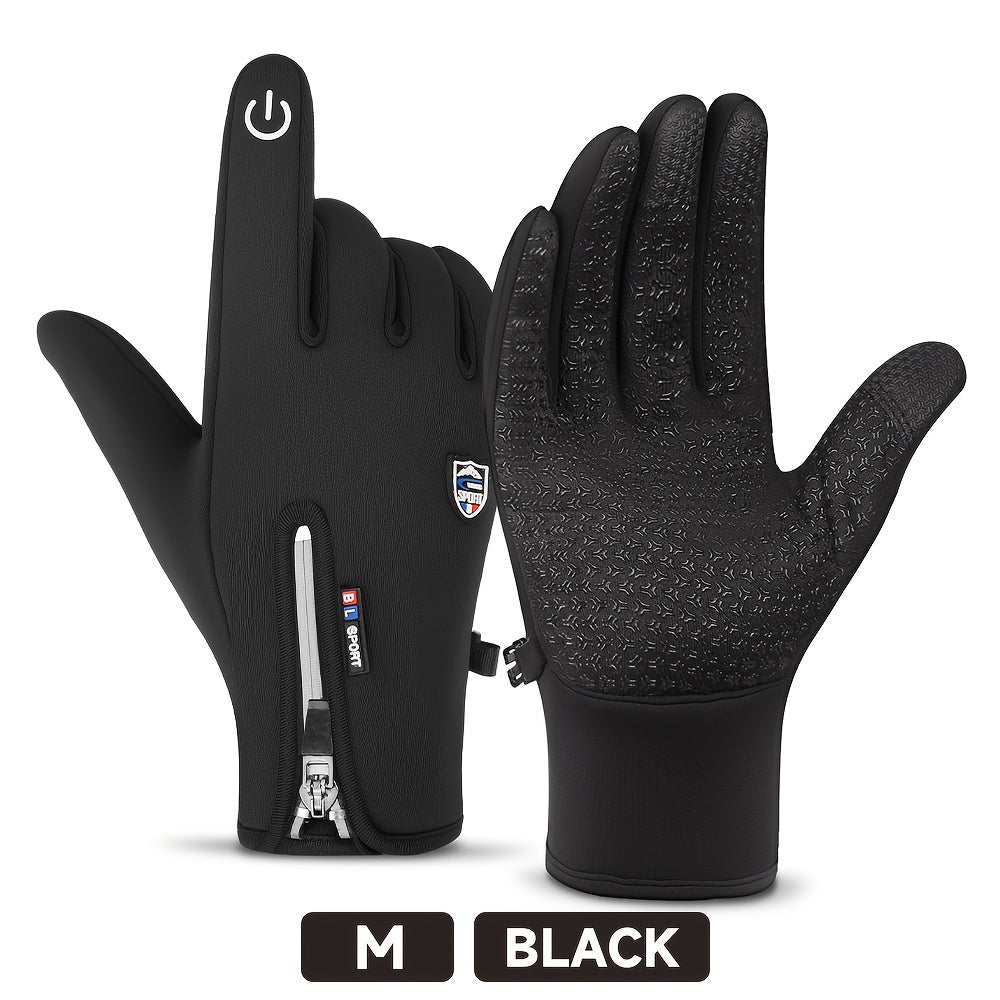 Windproof Waterproof Winter Sports Gloves with Touchscreen & Anti-Slip Grip – Warm Cycling Skiing Gloves for Men & Women, 100% Polyester, Zipper Closure, Sizes M-XL