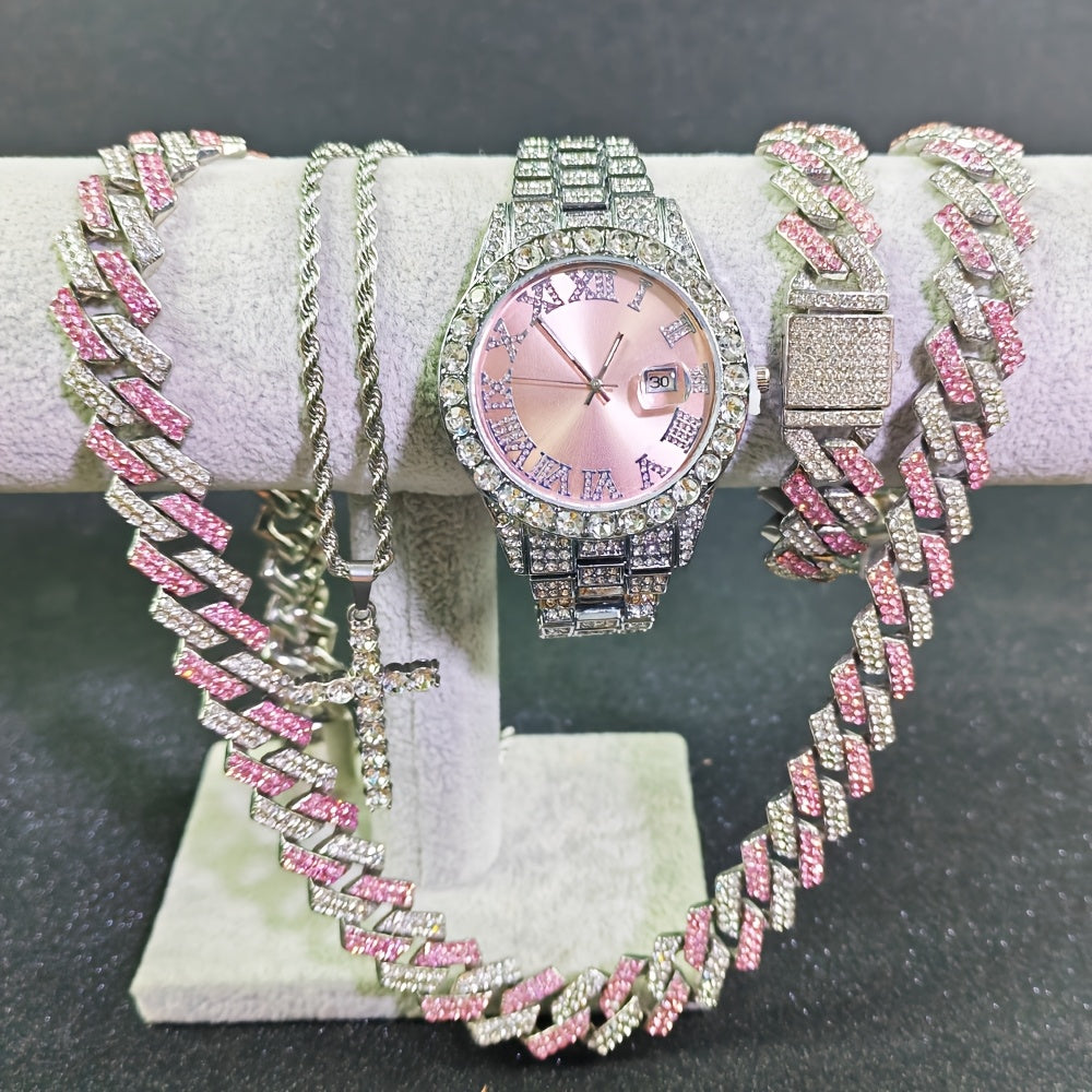 Luxury Cuban Link Jewelry Set for Men & Women – Necklace, Bracelet, Pendant & Wristwatch Full Set, Multiple Colors, Perfect Valentine’s Day, Christmas & Birthday Gift