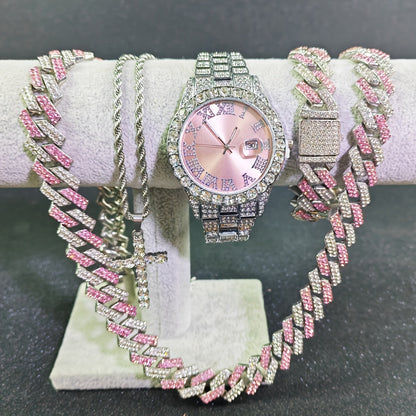 Luxury Cuban Link Jewelry Set for Men & Women – Necklace, Bracelet, Pendant & Wristwatch Full Set, Multiple Colors, Perfect Valentine’s Day, Christmas & Birthday Gift