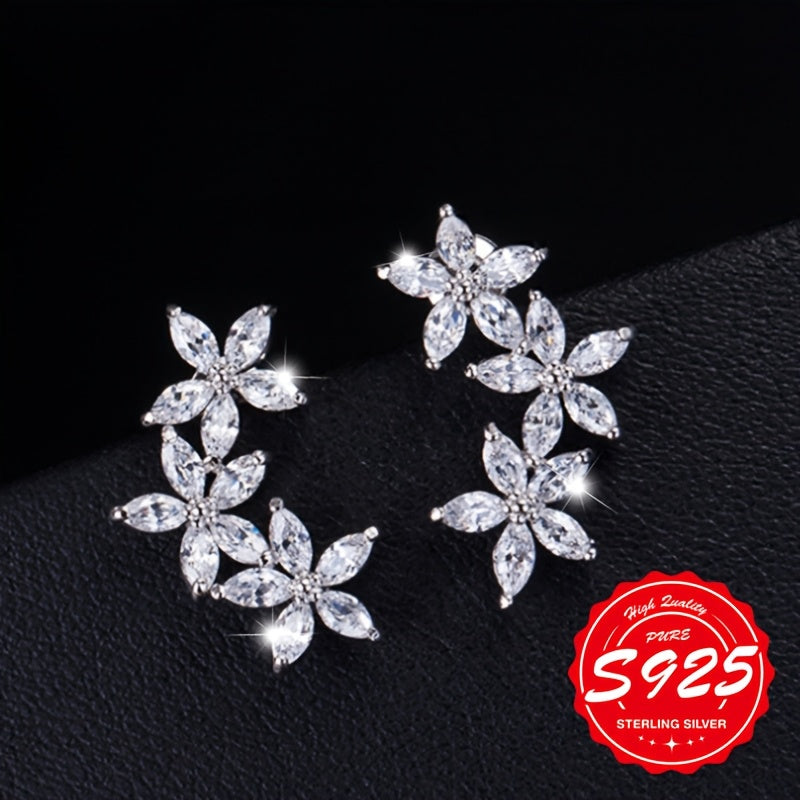 S925 Sterling Silver Five-Petal Flower Earrings for Women – Shiny Elegant Hypoallergenic Stud Earrings, Unique Floral Design for Daily Wear, Birthday & Gift for Ladies (4.65g)