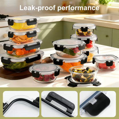 Glass Food Storage Containers with Lids 12-Piece Set, Airtight Leak-Proof Meal Prep Containers, Thickened Glass Lunch Bento Boxes Safe for Microwave Oven Freezer Dishwasher, Kitchen Pantry Organizer
