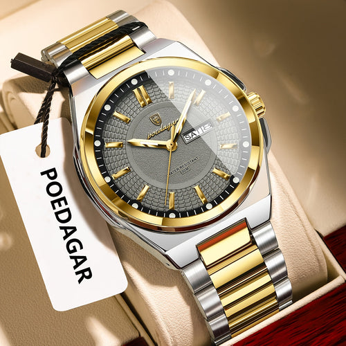 POEDAGAR Men's Quartz Watch Waterproof Luminous Stainless Steel Wristwatch with Weekly Calendar Display – Classic Elegant Design, Perfect Gift for Men, Multiple Color Options