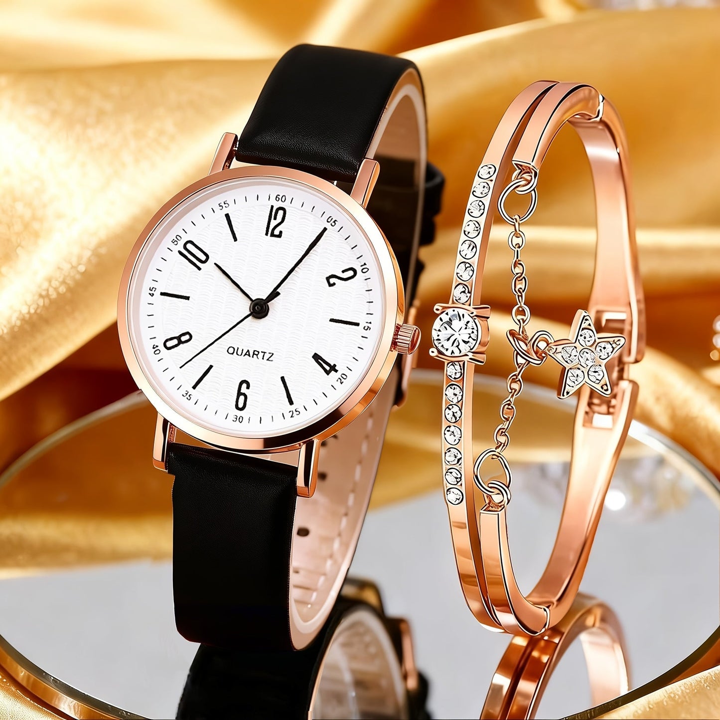 Rhinestone Heart Watch Set for Women – 2 Quartz Watches with Faux Leather Strap, Rose Gold & Pink Bracelet Wristwatch Gift Set for Valentine's Day, Birthdays & Parties