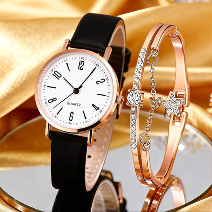 Rhinestone Heart Watch Set for Women – 2 Quartz Watches with Faux Leather Strap, Rose Gold & Pink Bracelet Wristwatch Gift Set for Valentine's Day, Birthdays & Parties