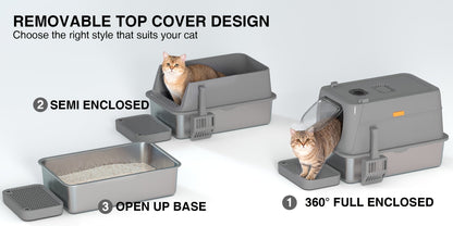 Oversized Enclosed Stainless Steel Cat Litter Box with Lid, Collapsible Anti-Splash Covered Indoor Cat Toilet with Front Flap Door & Superior Odor Control
