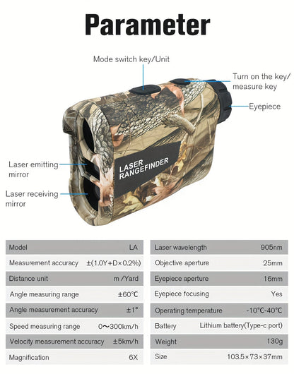 Laser Rangefinder 1200 Yards – 6X Magnification, Rechargeable, Slope Compensation, Flagpole Lock, Speed & Altitude Measurement, Golf & Hunting Camo Design