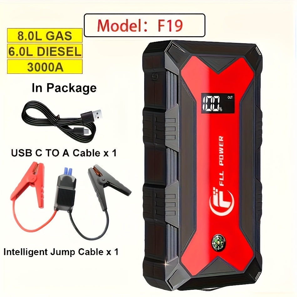 Portable Car Jump Starter Power Pack 1600A–3000A 12V Battery Booster – Compact Emergency Start for Gas & Diesel Engines with USB Charge Ports & LED Flashlight