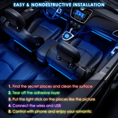 Music Sync LED Car Interior Lights – 4pcs USB Powered RGB Underfoot Ambient Lighting Kit with App & Remote Control, Colorful Atmosphere Lights for Car Truck SUV, No Battery Required