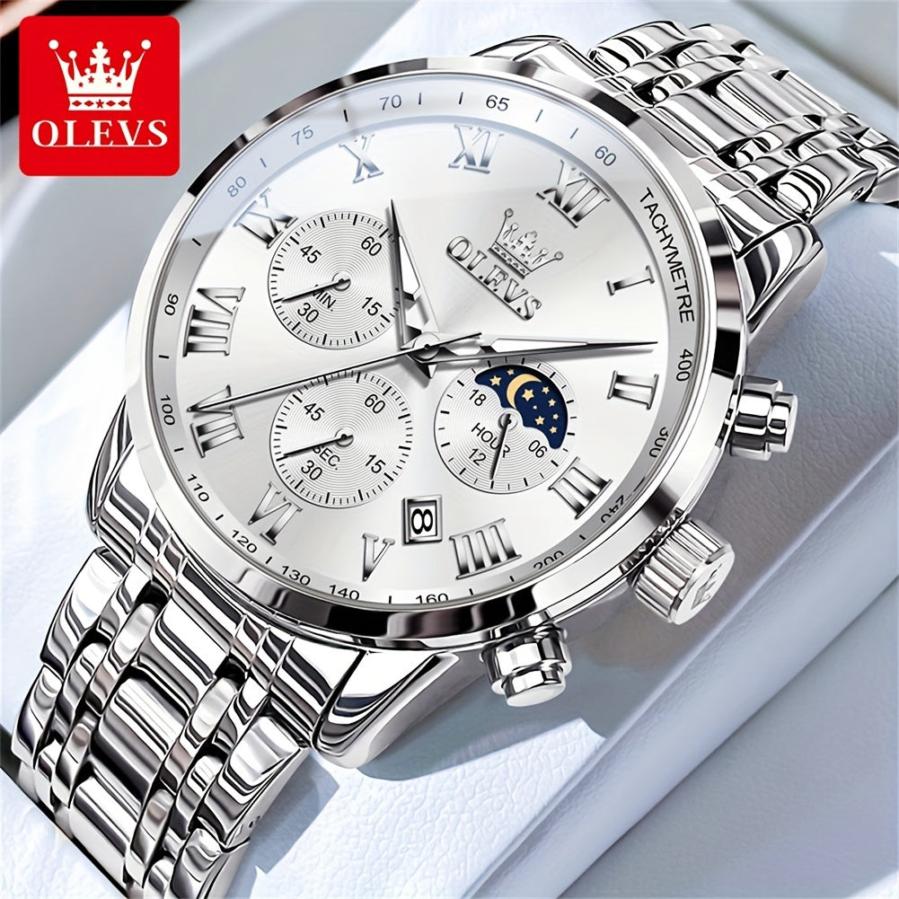 OLEVS Men's Luxury Stainless Steel Watch – Chronograph, Roman Numerals, Moon Phase Display, Luminous Analog Quartz Dress Watch for Men, 8 Color Options, Perfect Business & Gift Watch