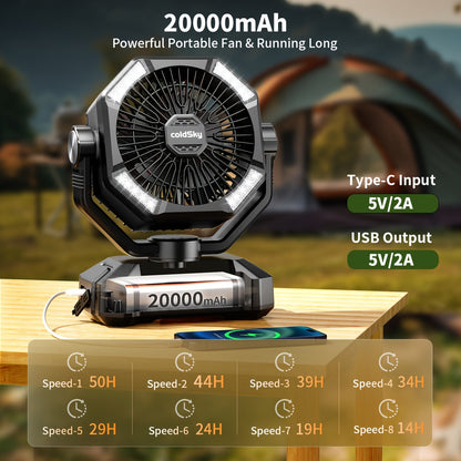 Rechargeable Camping Fan 20000mAh Battery Powered Dual Motor 8-Speed with Remote Control 4 LED Lanterns – Portable Outdoor Tent Fan with Hook for Camping Travel Power Outage Emergency