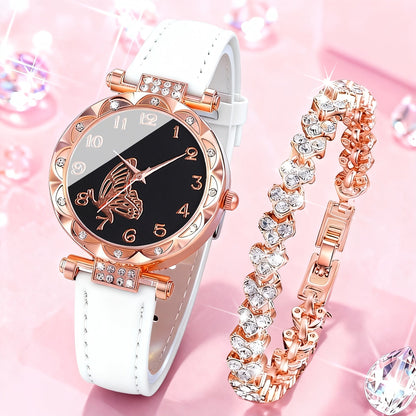 Rhinestone Heart Watch Set for Women – 2 Quartz Watches with Faux Leather Strap, Rose Gold & Pink Bracelet Wristwatch Gift Set for Valentine's Day, Birthdays & Parties