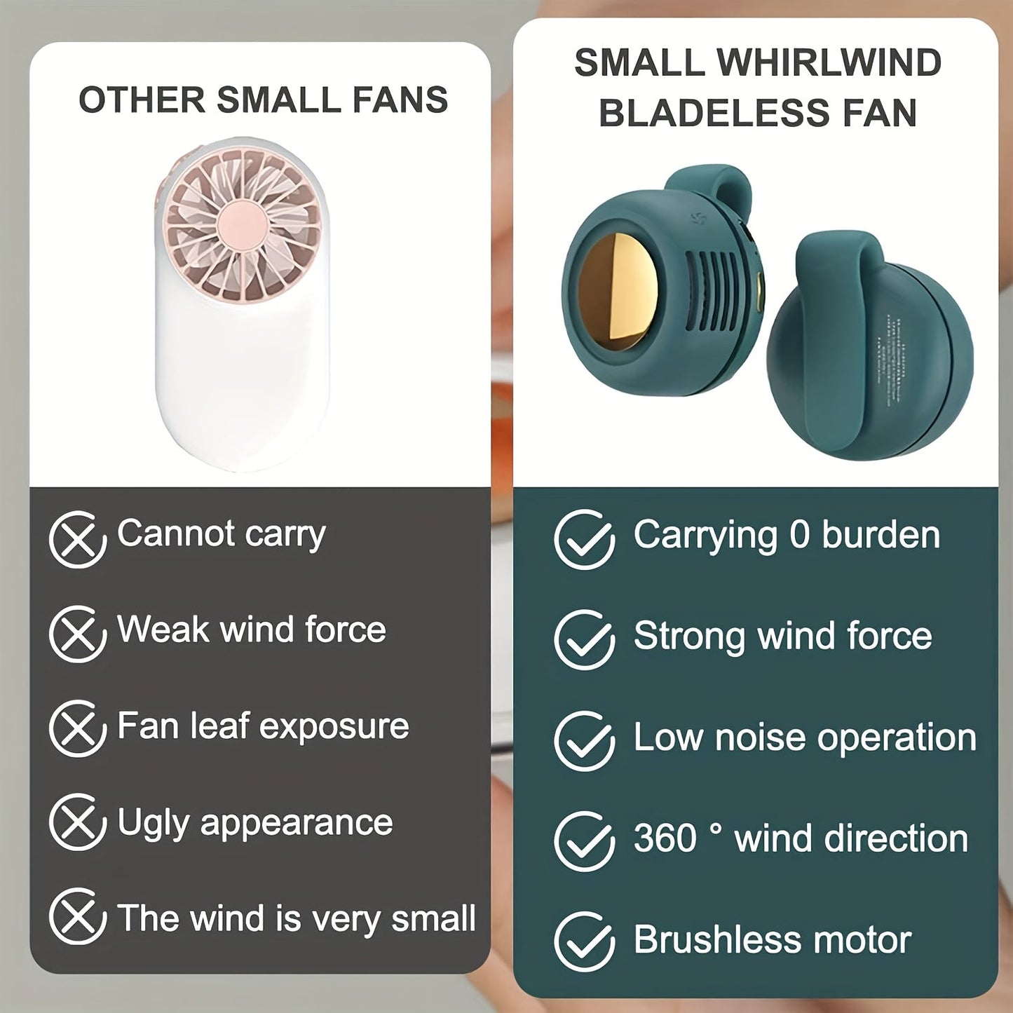 Mini Clip-On Bladeless Neck Fan USB Rechargeable 3-Speed 360° Airflow Portable Hands-Free Waist Hanging Cooling Fan for Hiking Camping Travel Golf Sports Outdoor