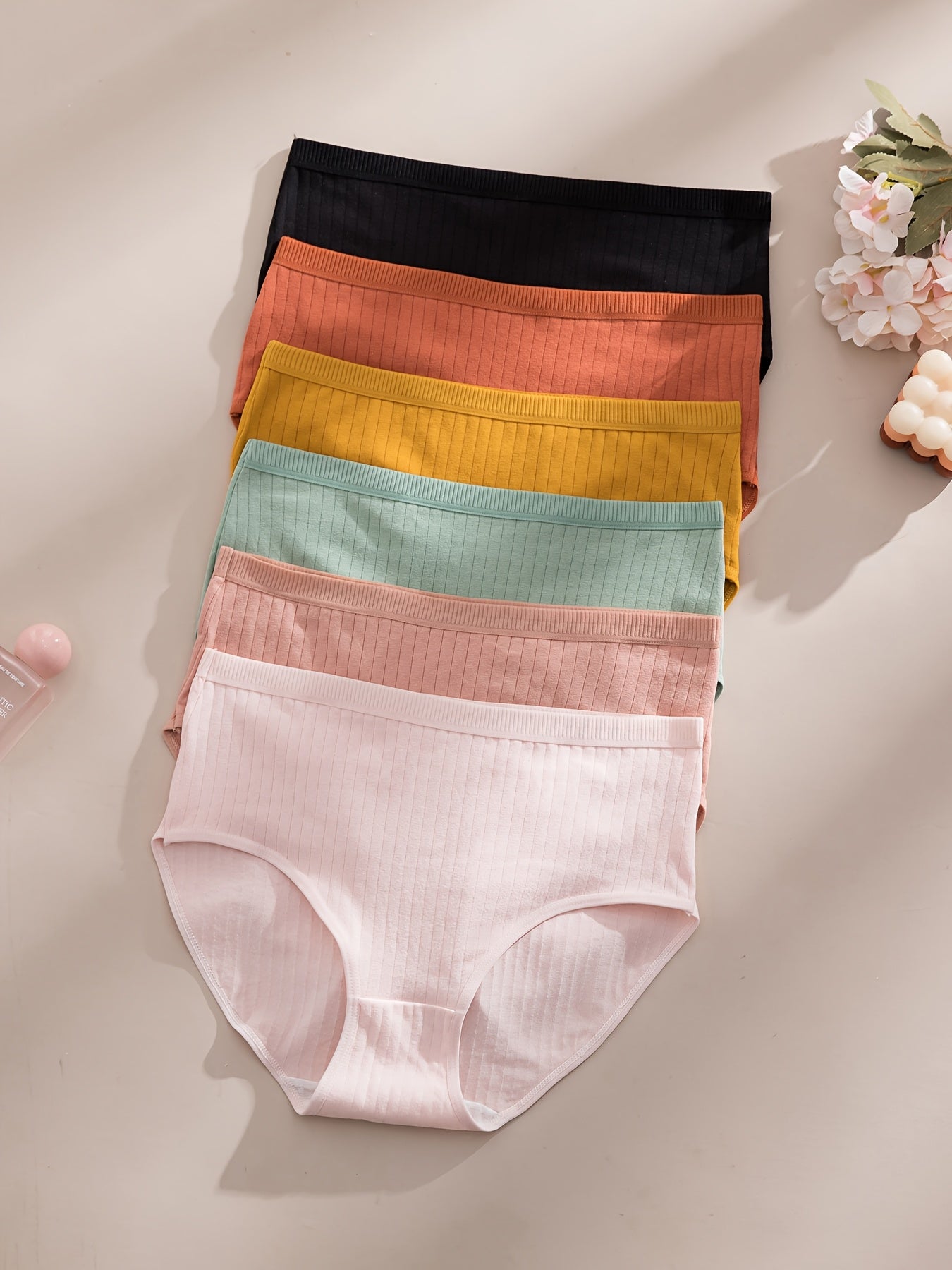 6-Pack Ribbed Thong Panties Women Soft Breathable Mid-Waist | Rib-Knit Triangle Underwear Solid Colors | Maternity-Friendly Everyday Panties Set | S to 5XL Mixed Colors