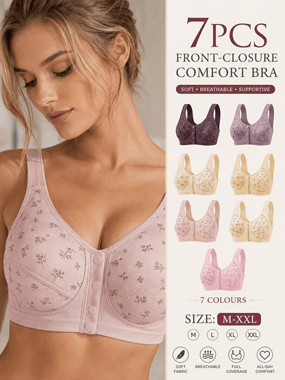 7 Pack Seamless Wireless Bra Set for Women – Soft Front Button Bralettes, No Underwire, Comfortable & Breathable for Daily Wear, Yoga, Travel & Festivals, Sizes S-XXL