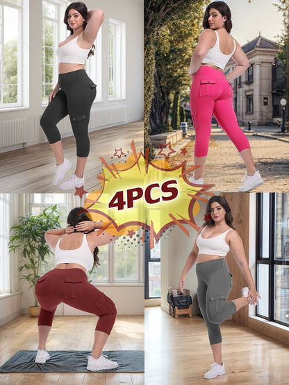 Women's High Waist Yoga Capri Pants 4-Pack 4-Way Stretch Butt Lifting Tummy Control 4 Pockets - Workout Running Sports Leggings S-XXL All Season