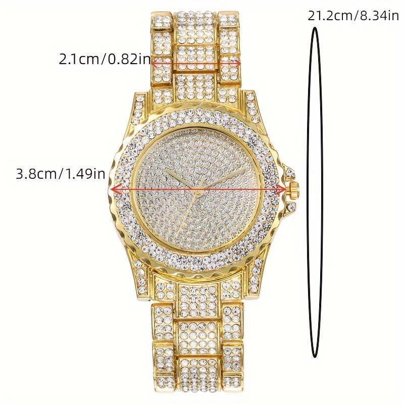 5-Piece Luxury Watch & Jewelry Set for Men & Women – Quartz Wristwatch, Cuban Link Necklace, Bracelet, Ring & Cross Pendant, Perfect Christmas Gift in Gold & Silver