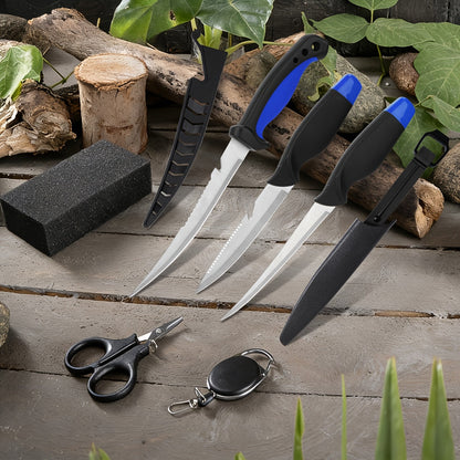 3 Piece Fishing Knife Set with Stainless Steel Blades, Fish Fillet Boning Gutting Knives with Cut Resistant Gloves, Fishing Line Cutter & Cord – Unique Fishing Gift for Anglers & Campers