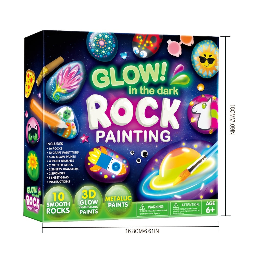 Glow in the Dark Rock Painting Kit for Kids Ages 6+ – Complete Arts & Crafts Set with 10 Rocks, 17 Paints, Gems, Brushes & Stickers | STEM Creative Art Toy Gift for Boys & Girls, Birthday & Easter