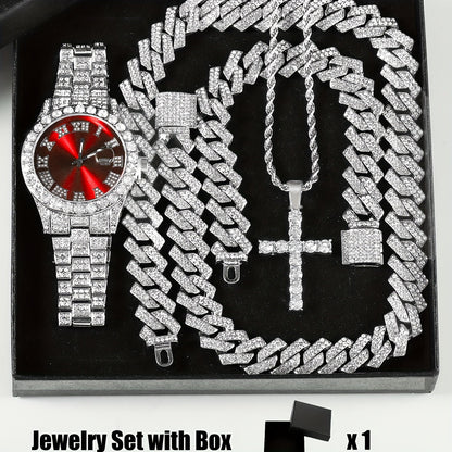 4pcs Rhinestone Watch & Cross Pendant Jewelry Set Quartz Analog Wrist Watch Necklace Bracelet Earrings Unisex Gift for Him Her Wedding