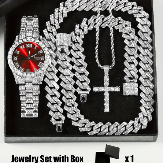 4pcs Rhinestone Watch & Cross Pendant Jewelry Set Quartz Analog Wrist Watch Necklace Bracelet Earrings Unisex Gift for Him Her Wedding