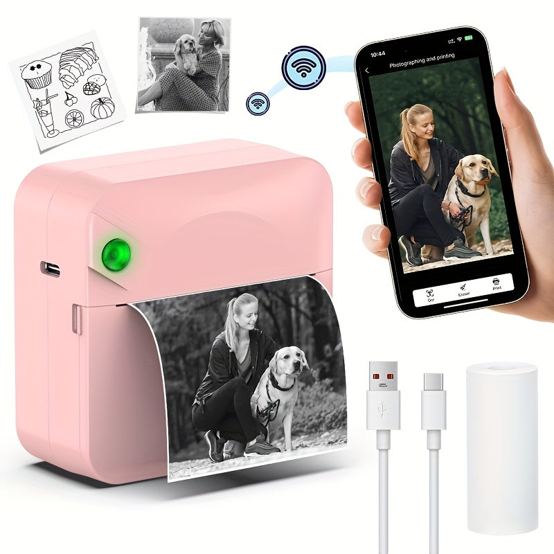 Mini Thermal Sticker Printer Inkless, Wireless Pocket Photo Printer with 1 Roll Thermal Paper, Portable Bluetooth Label Maker for Photos, Journaling, Notes & Memos – Cute Gift for Girls & Students