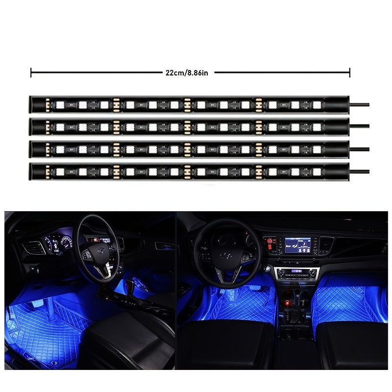 Music Sync LED Car Interior Lights – 4pcs USB Powered RGB Underfoot Ambient Lighting Kit with App & Remote Control, Colorful Atmosphere Lights for Car Truck SUV, No Battery Required
