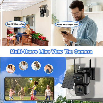 2K Solar Security Camera Outdoor WiFi 10x Zoom 360° Pan Tilt IP66 Waterproof CCTV with Spotlight Alarm Color Night Vision Motion Detection Two-Way Audio