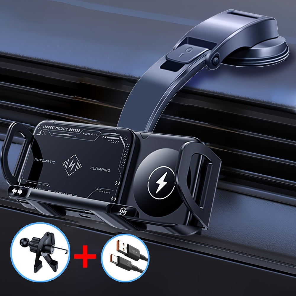 Car Mount with Wireless Fast Charging 15W - Compatible with iPhone 8 to 15 Series, Samsung Galaxy S and Note Series, Fold 5 and Fold 6, Supports Folding Screen Smartphones, USB Powered Dashboard Phone Holder