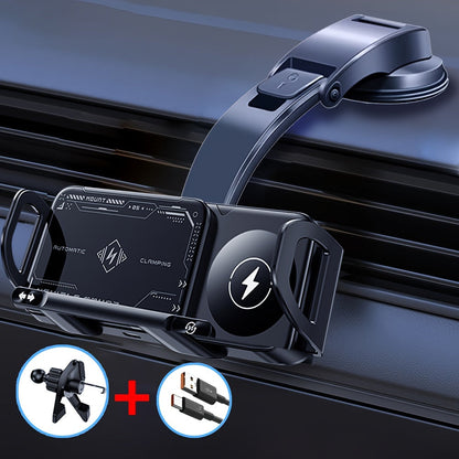 Car Mount with Wireless Fast Charging 15W - Compatible with iPhone 8 to 15 Series, Samsung Galaxy S and Note Series, Fold 5 and Fold 6, Supports Folding Screen Smartphones, USB Powered Dashboard Phone Holder